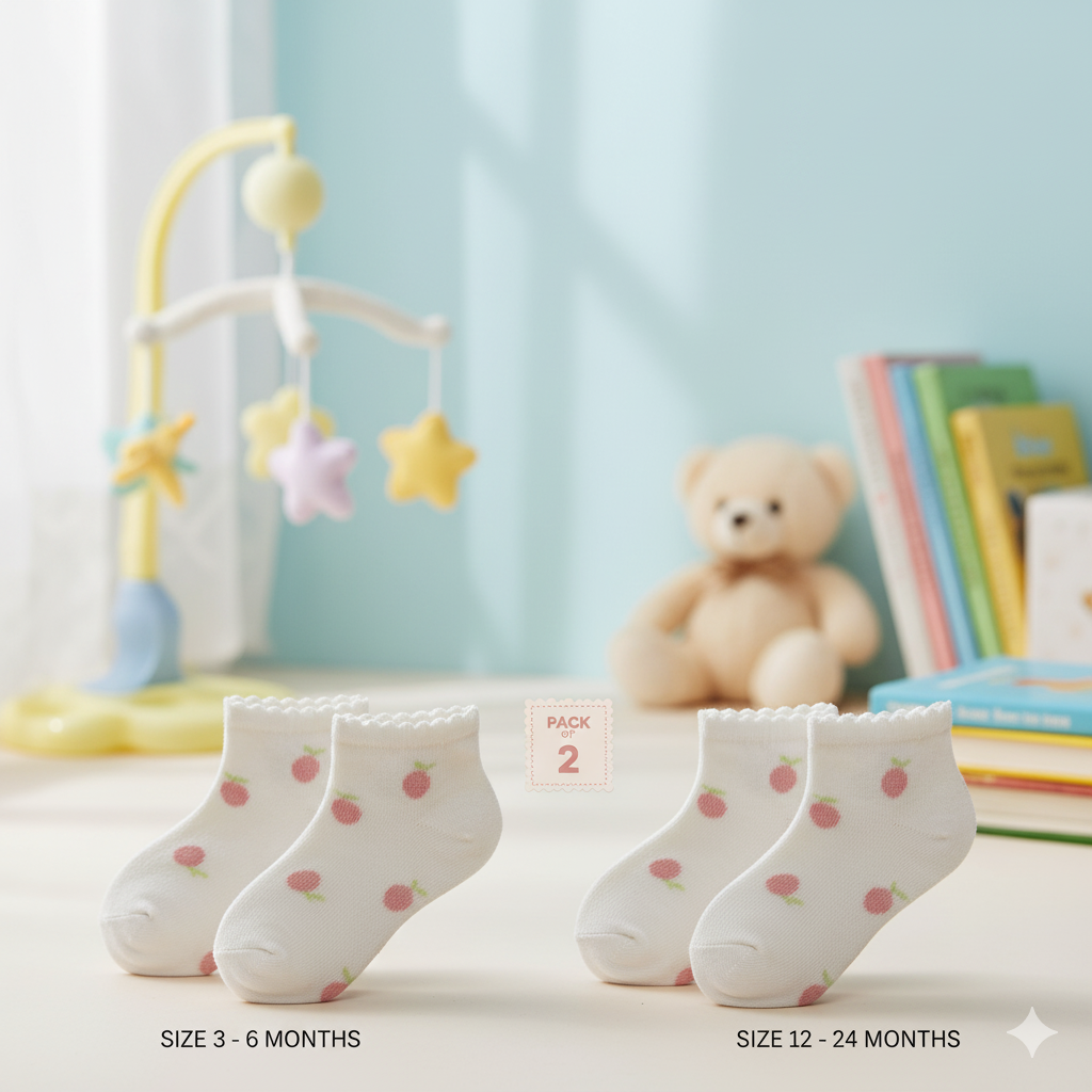 Baby Girls White Socks with Pink Apple Design