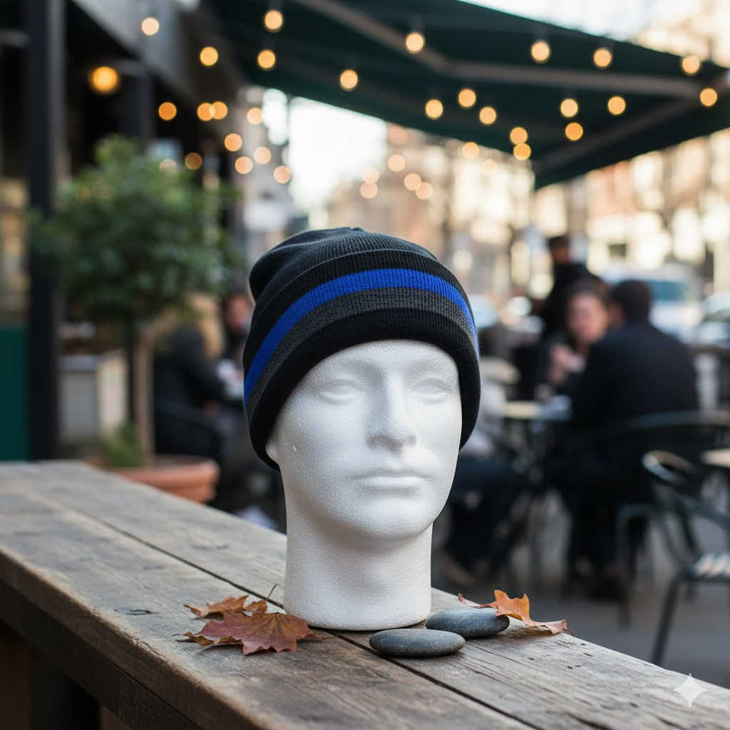 Men Cuffed Beanie Cap with Blue Stripe (RG)