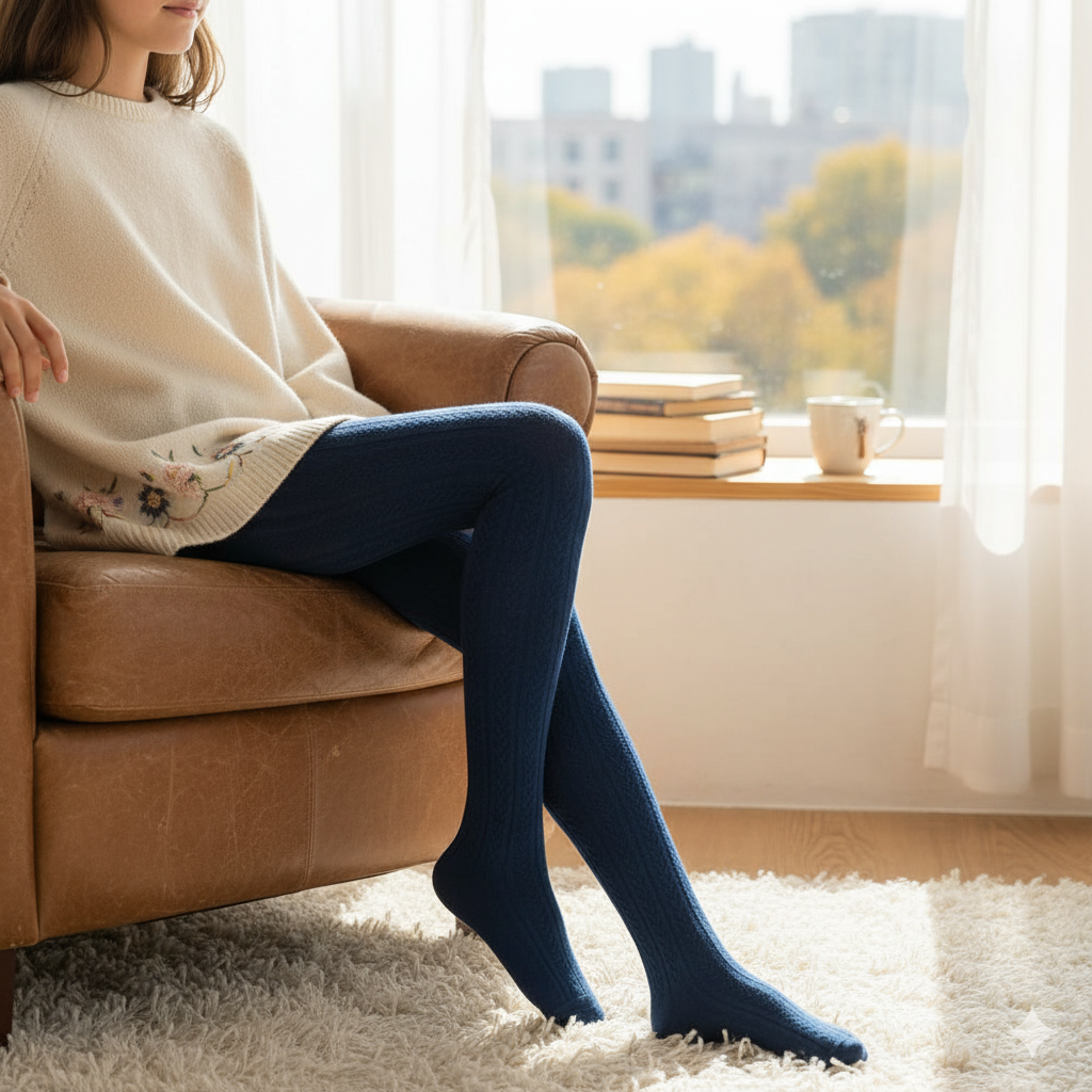 Cozy Cable Knit Blue Tights for Girls & Women (OT)