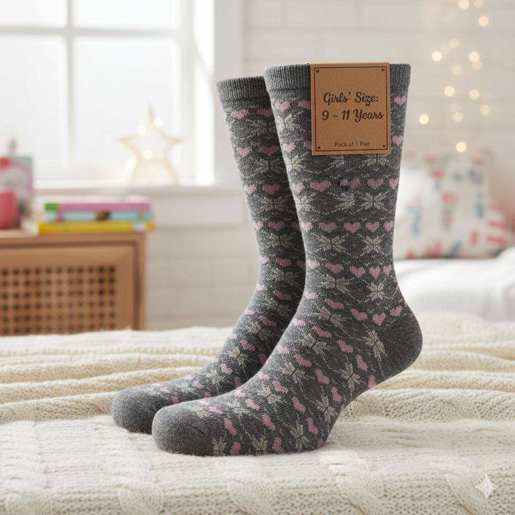 Women Grey with Pink Heart Print Crew Socks