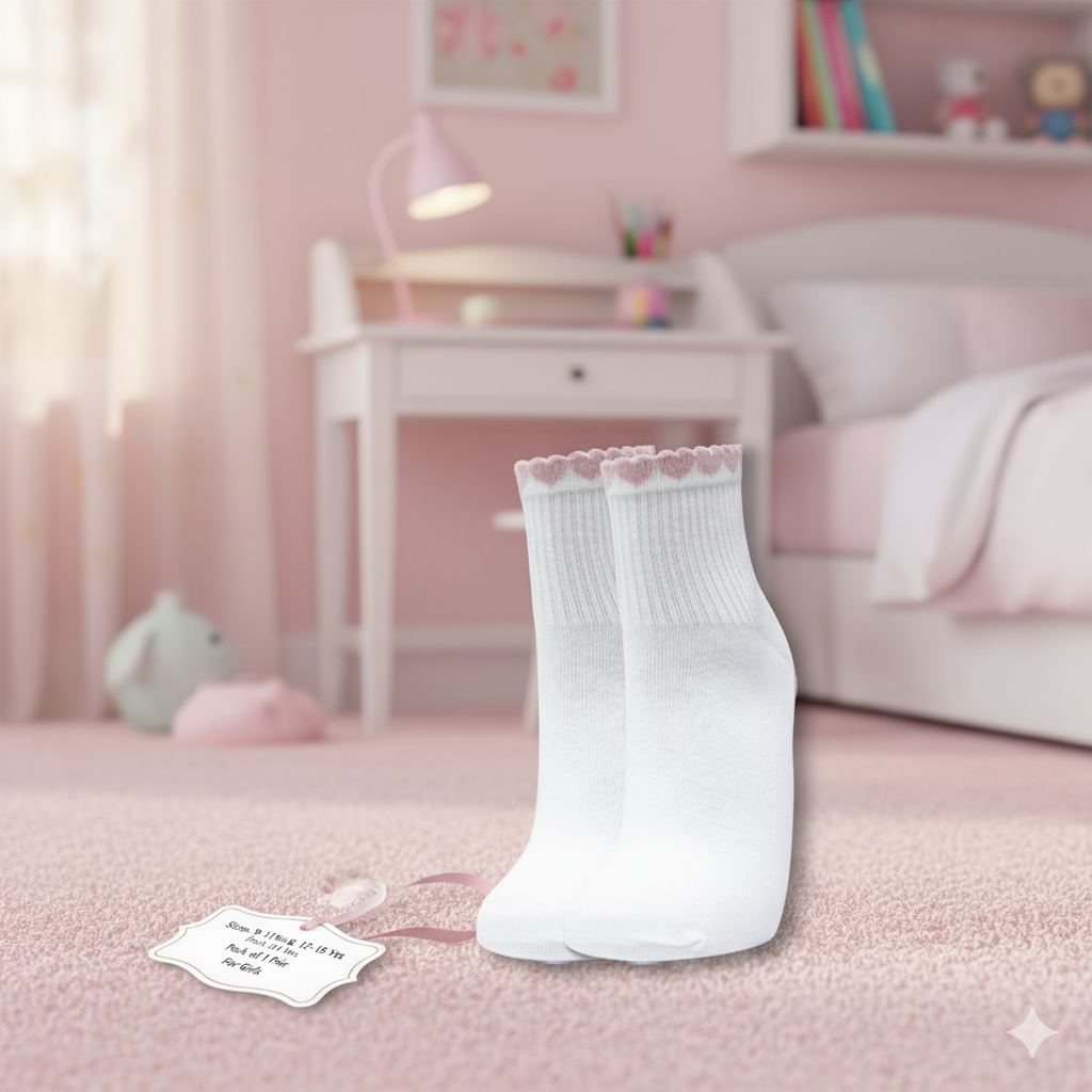 Girls Pink Heart Ribbed Short Crew Socks