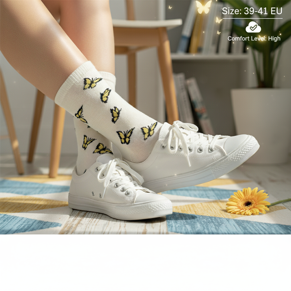 Women Butterfly Print Crew Socks