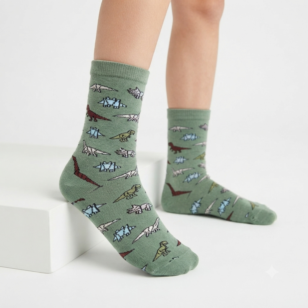 Boys Dinosaur Print Crew Green Socks