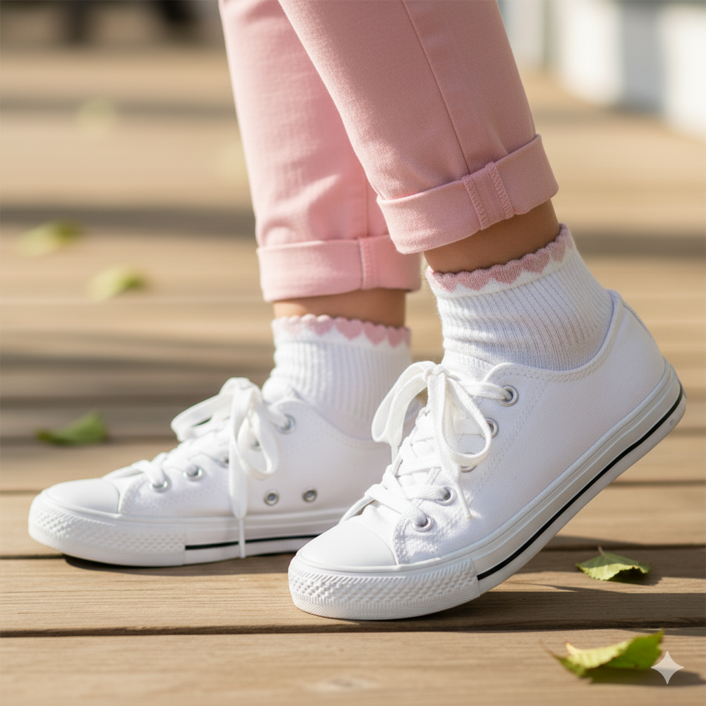 Girls Pink Heart Ribbed Short Crew Socks