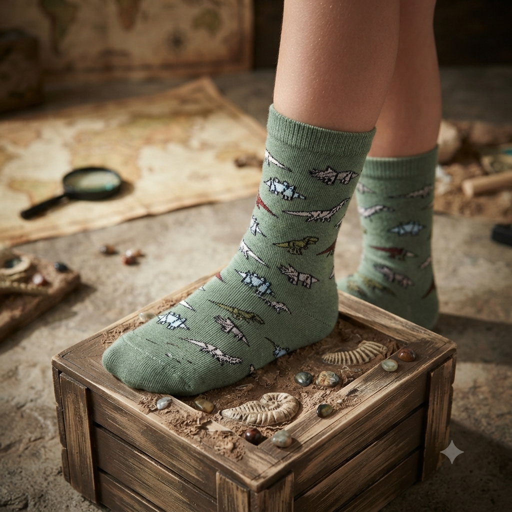 Boys Dinosaur Print Crew Green Socks