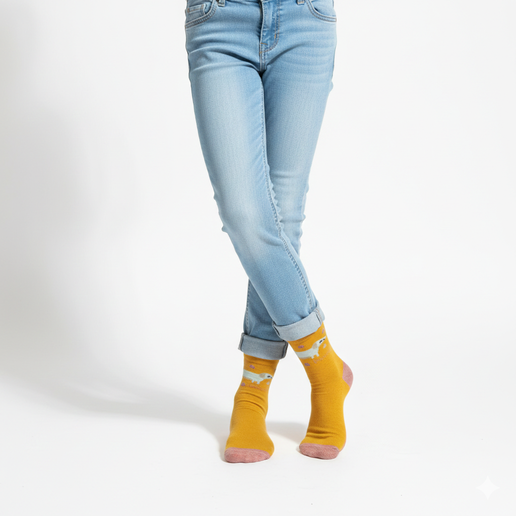 Girls Dachshund Print Mustard Crew Socks
