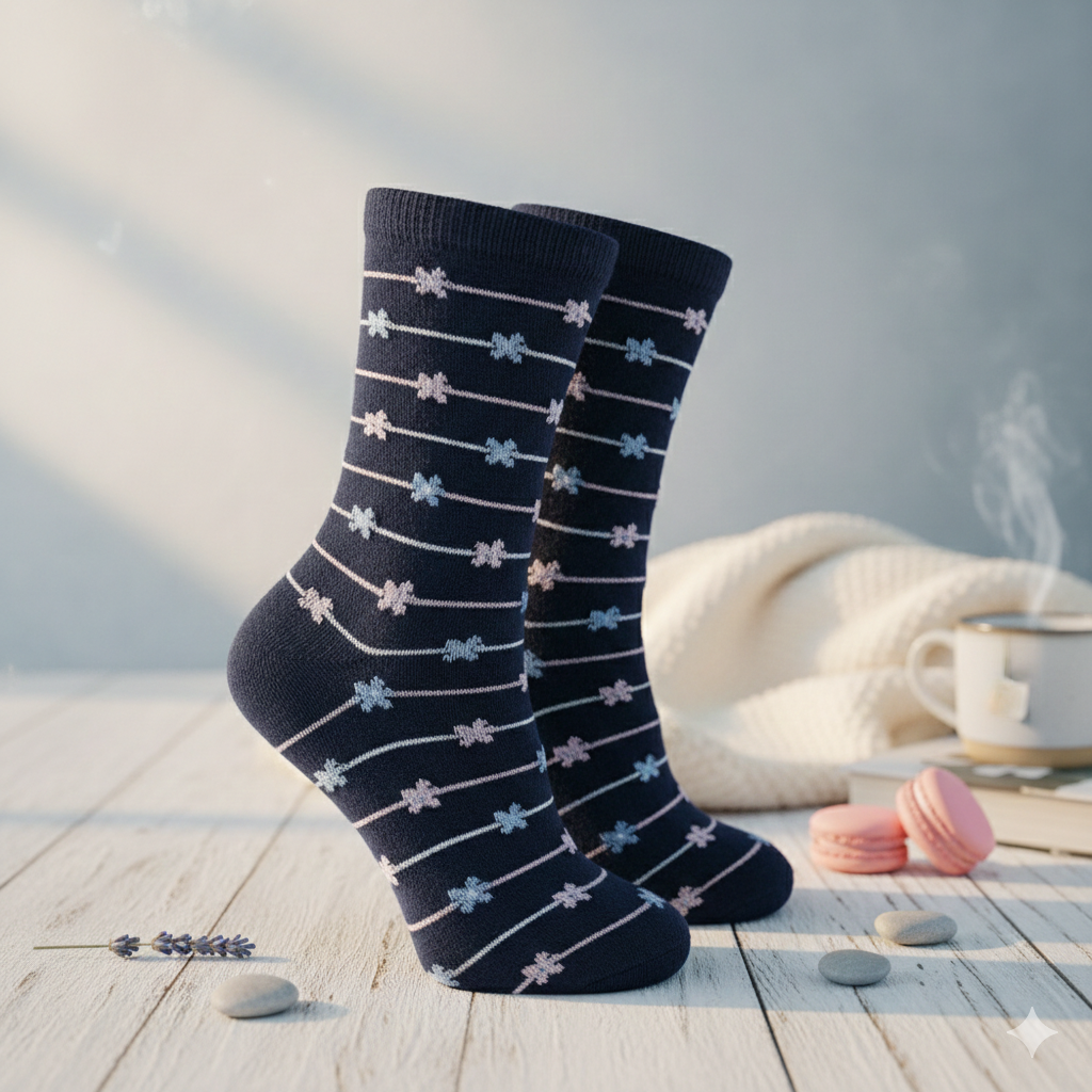 Girls Navy Floral Crew Socks