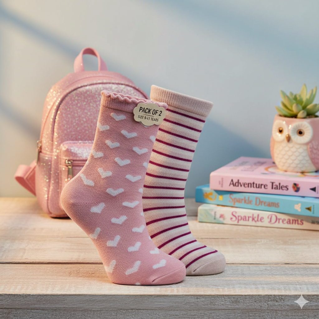 Pack of 2 - Heart & Stripe Girls' Ankle Socks