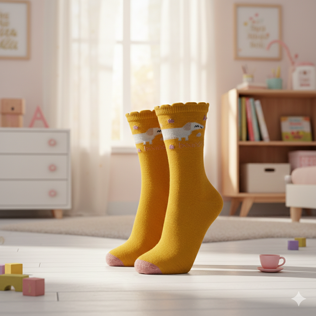 Girls Dachshund Print Mustard Crew Socks