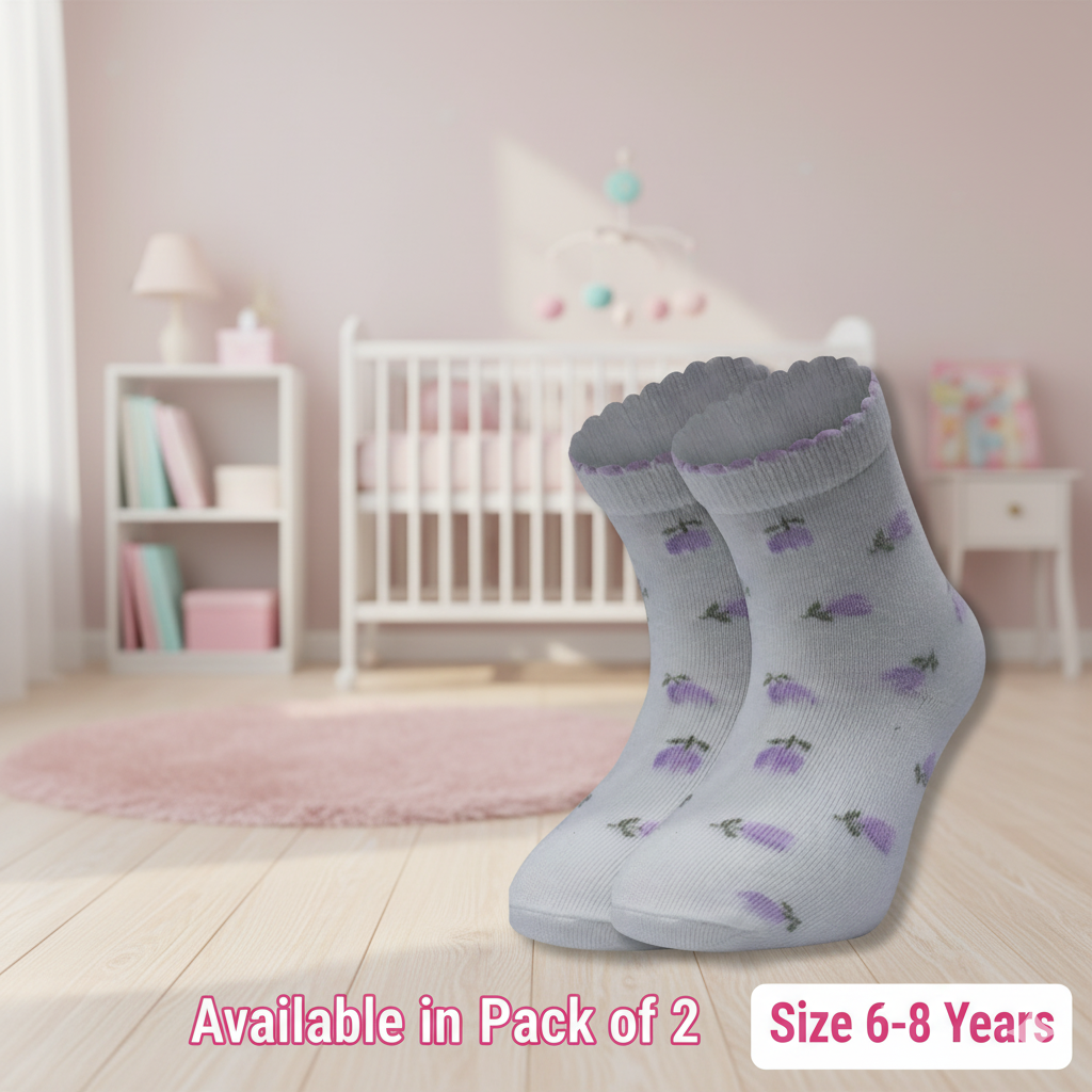 Cute Purple Flower Print Ankle Socks for Girls