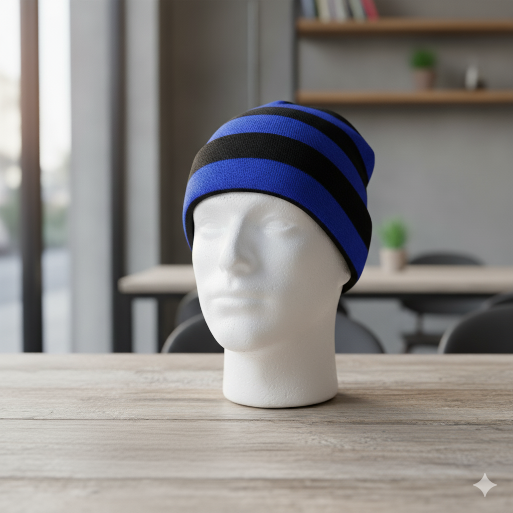 Men Blue With Black Striped Beanie Cap (RG)