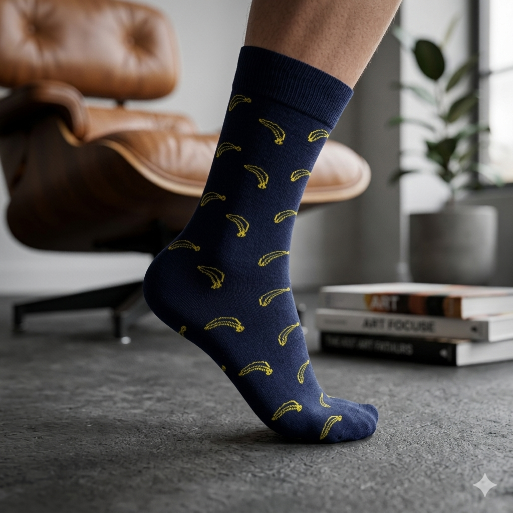 Banana Print Navy Blue Crew Socks