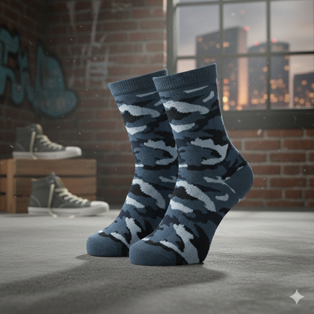 Boys' Blue Camouflage Crew Socks