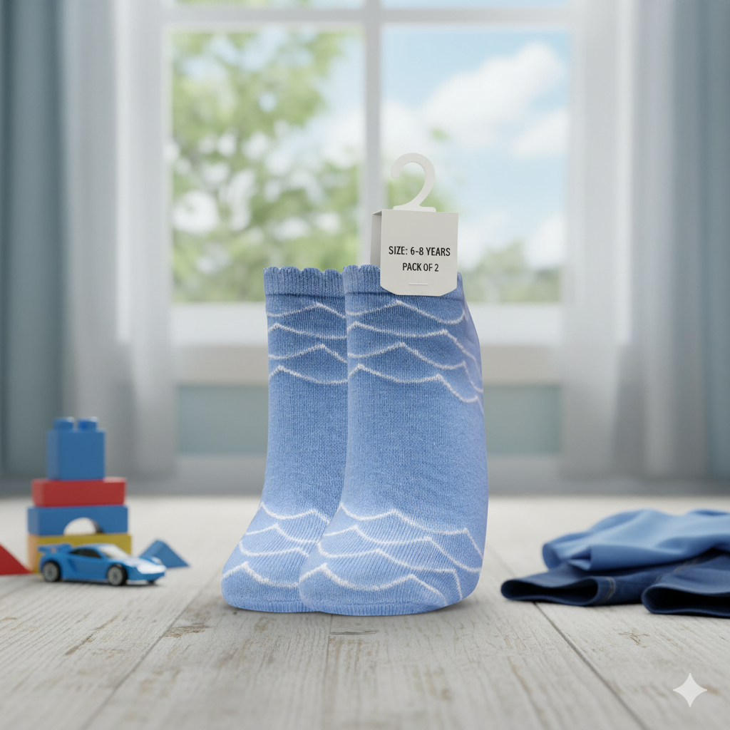 Blue With Wave Pattern Ankle Socks for Girls
