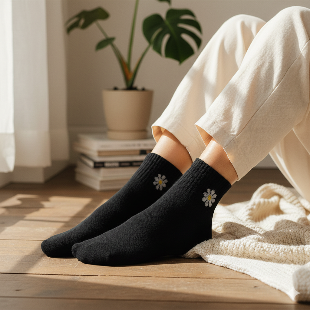Black With Flower Print Crew Socks