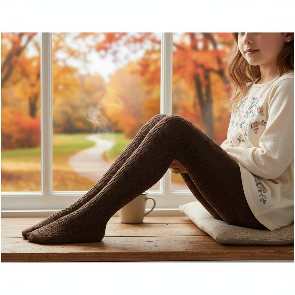 Cozy Cable Knit Bronze Girls Tights (OT)