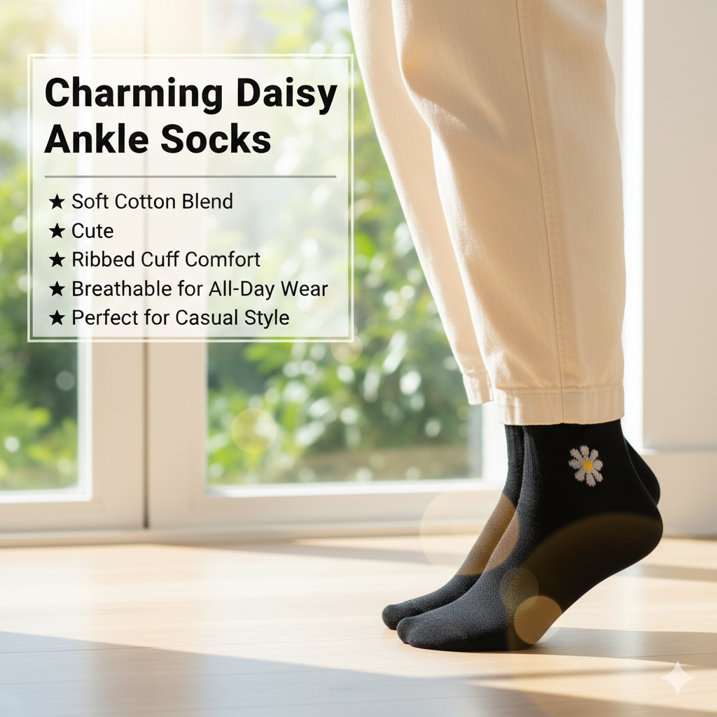 Black With Flower Print Crew Socks