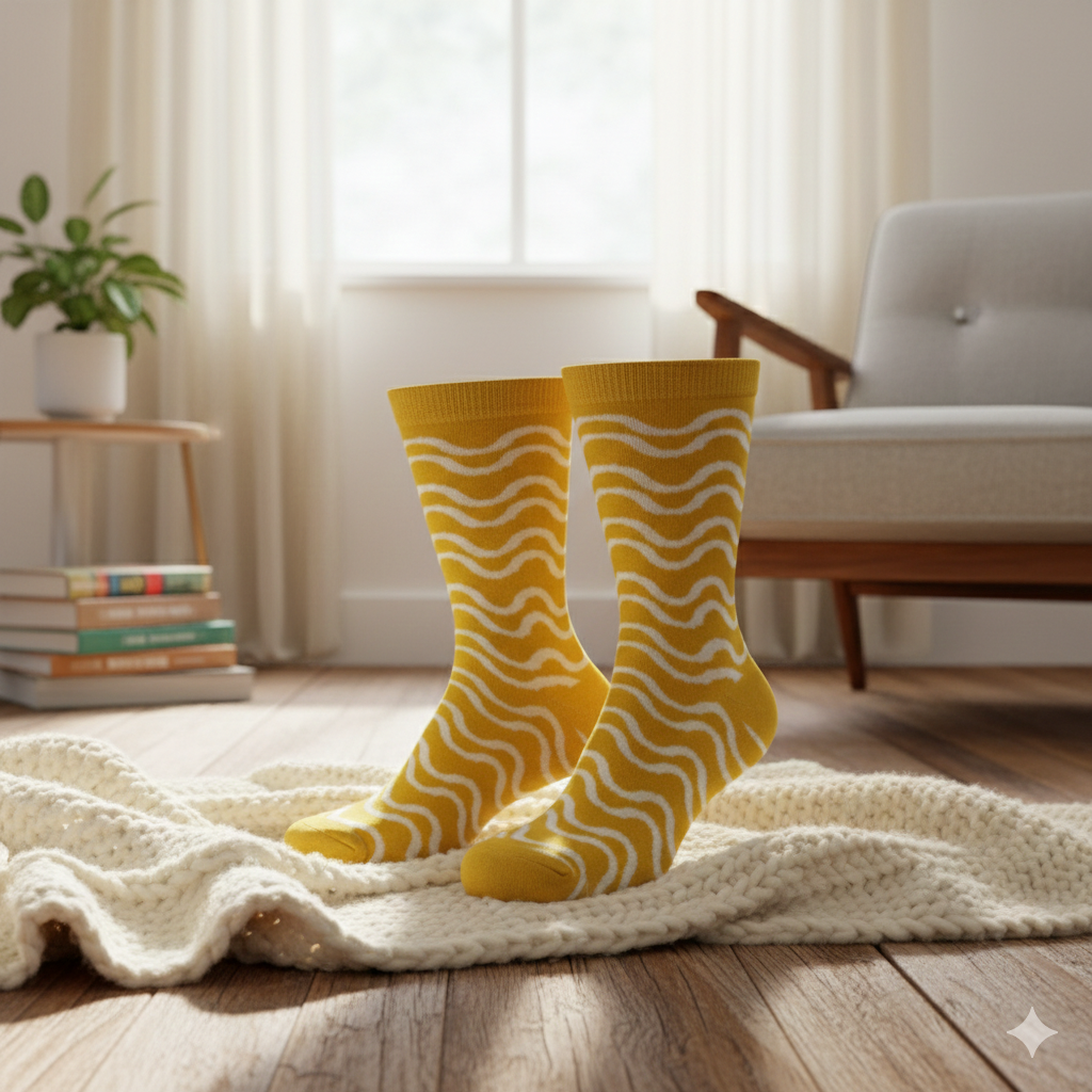 Women Yellow Wave Pattern Crew Socks