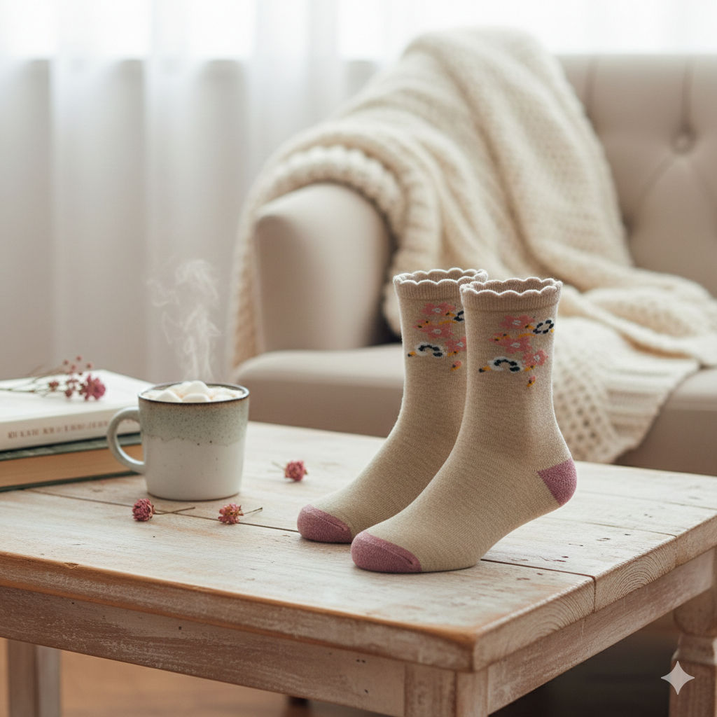 Floral Bliss Scalloped Edge Crew Socks