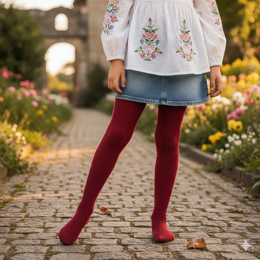 Cozy Knit Plain Red Girls Tights (OT)
