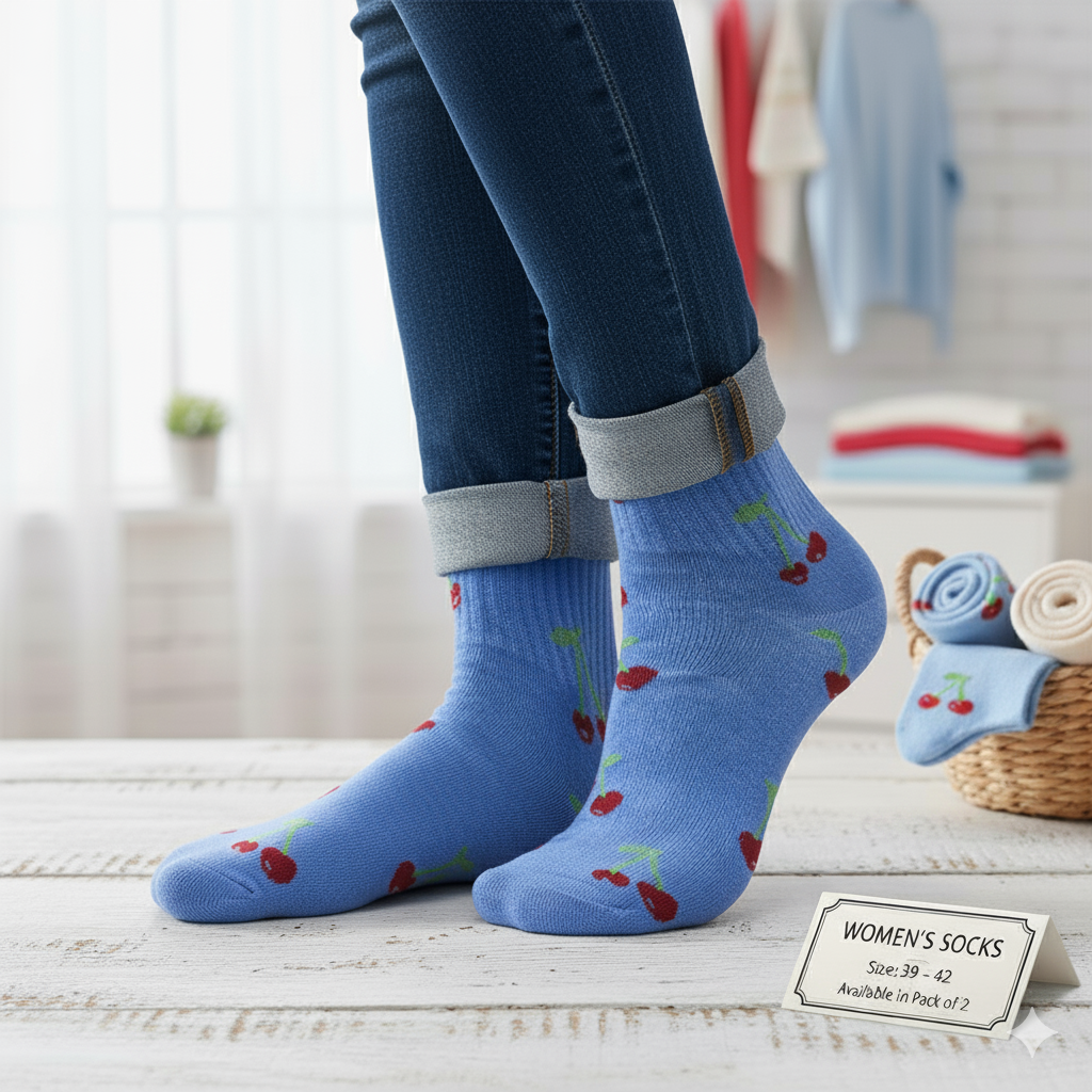 Women Blue Cherry Print Socks