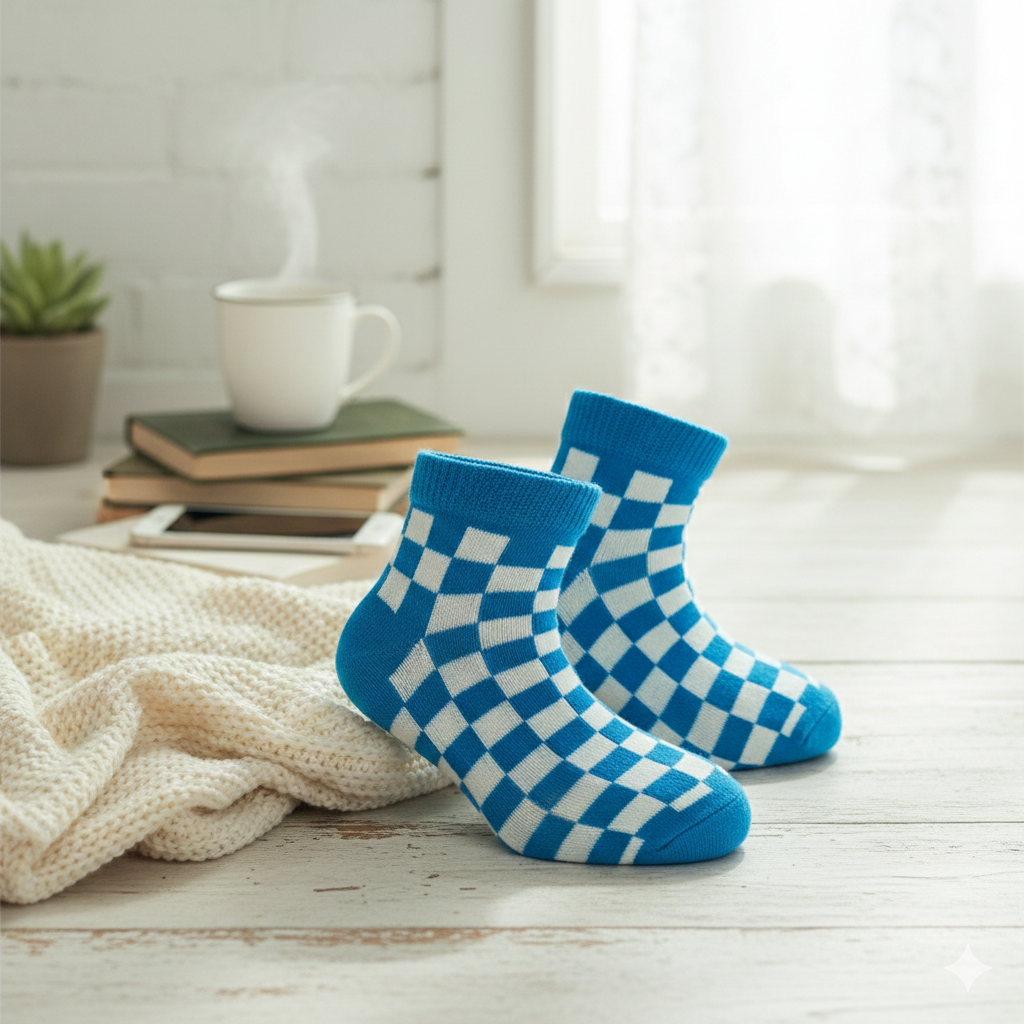 Boys Blue & White Checkered Ankle Socks