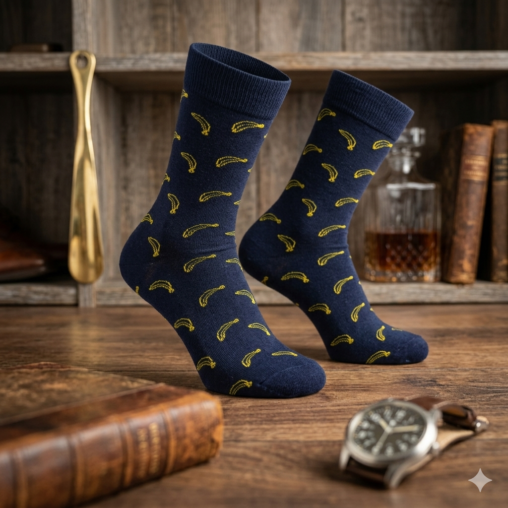 Banana Print Navy Blue Crew Socks