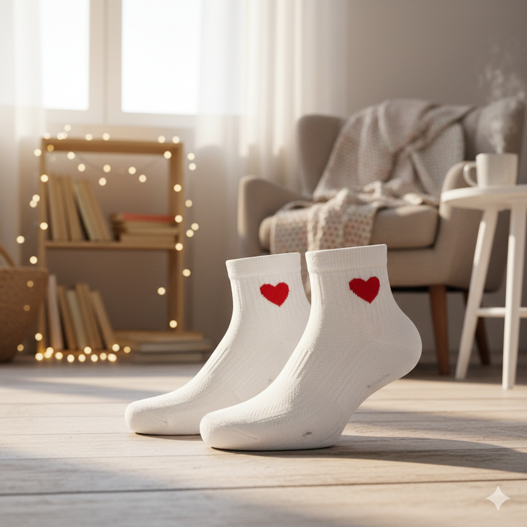 Women White Ankle Socks with Red Heart