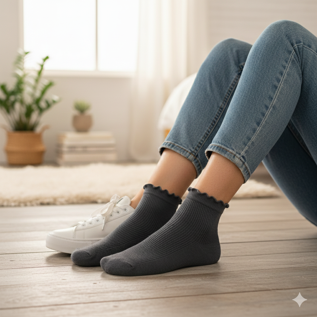 Women Ruffle Trim Ribbed Ankle Socks