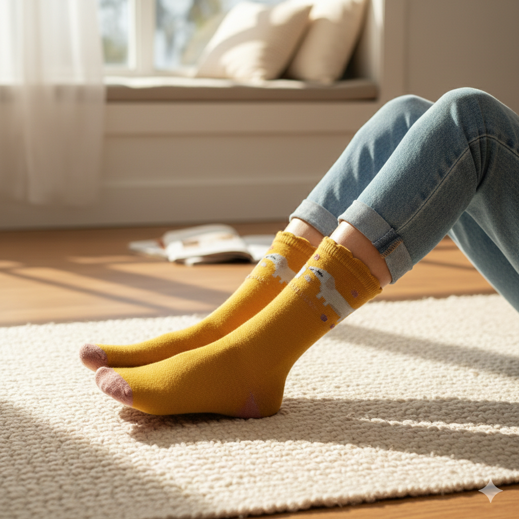 Girls Dachshund Print Mustard Crew Socks