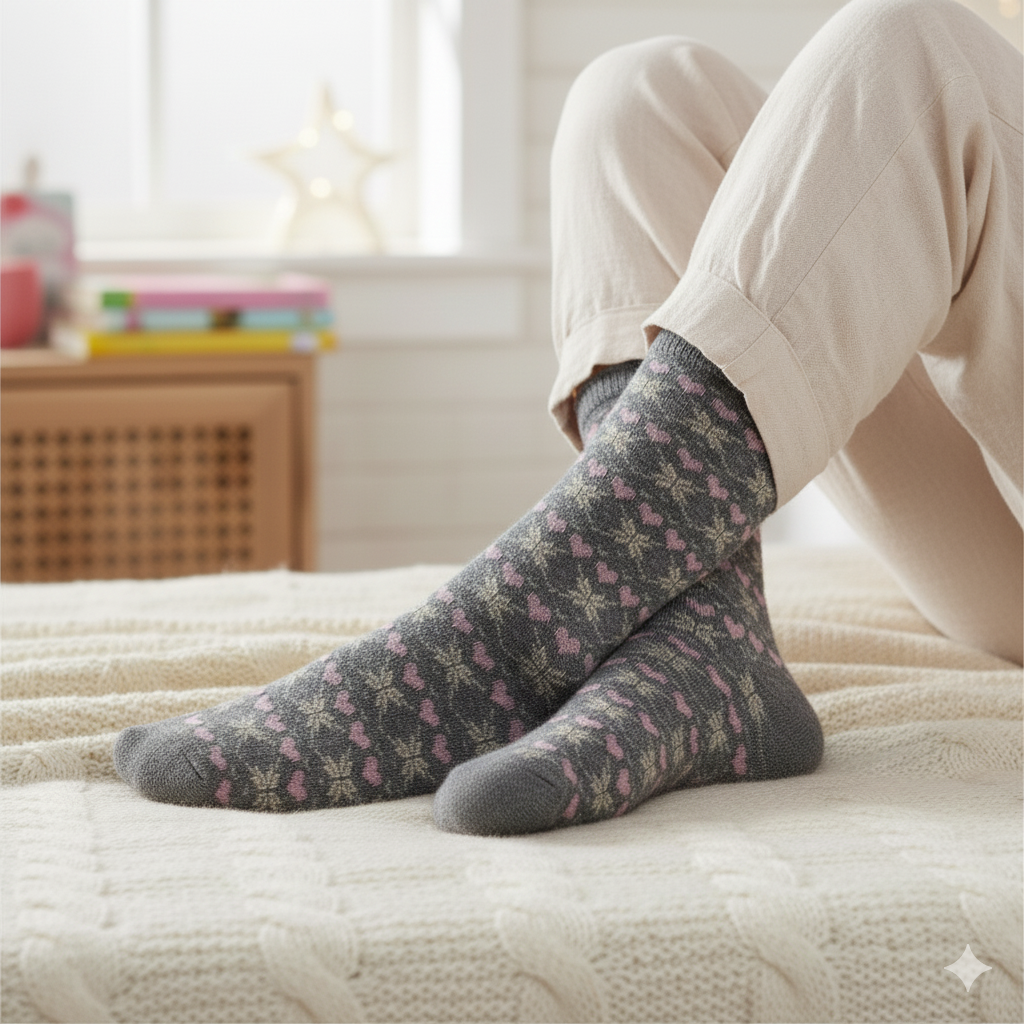 Women Grey with Pink Heart Print Crew Socks