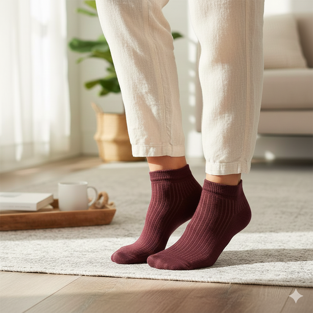 Women Maroon Ribbed Ankle Socks