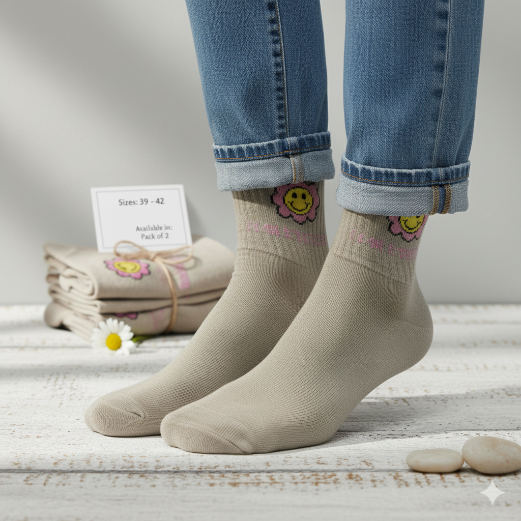 Vibe Smiley Flower Crew Socks for Women