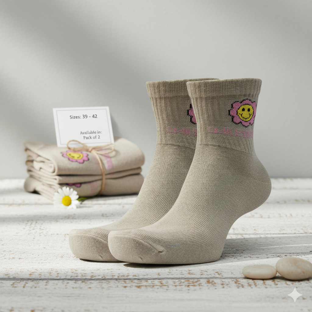 Vibe Smiley Flower Crew Socks for Women