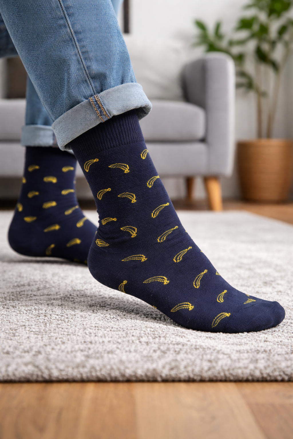 Banana Print Navy Blue Crew Socks