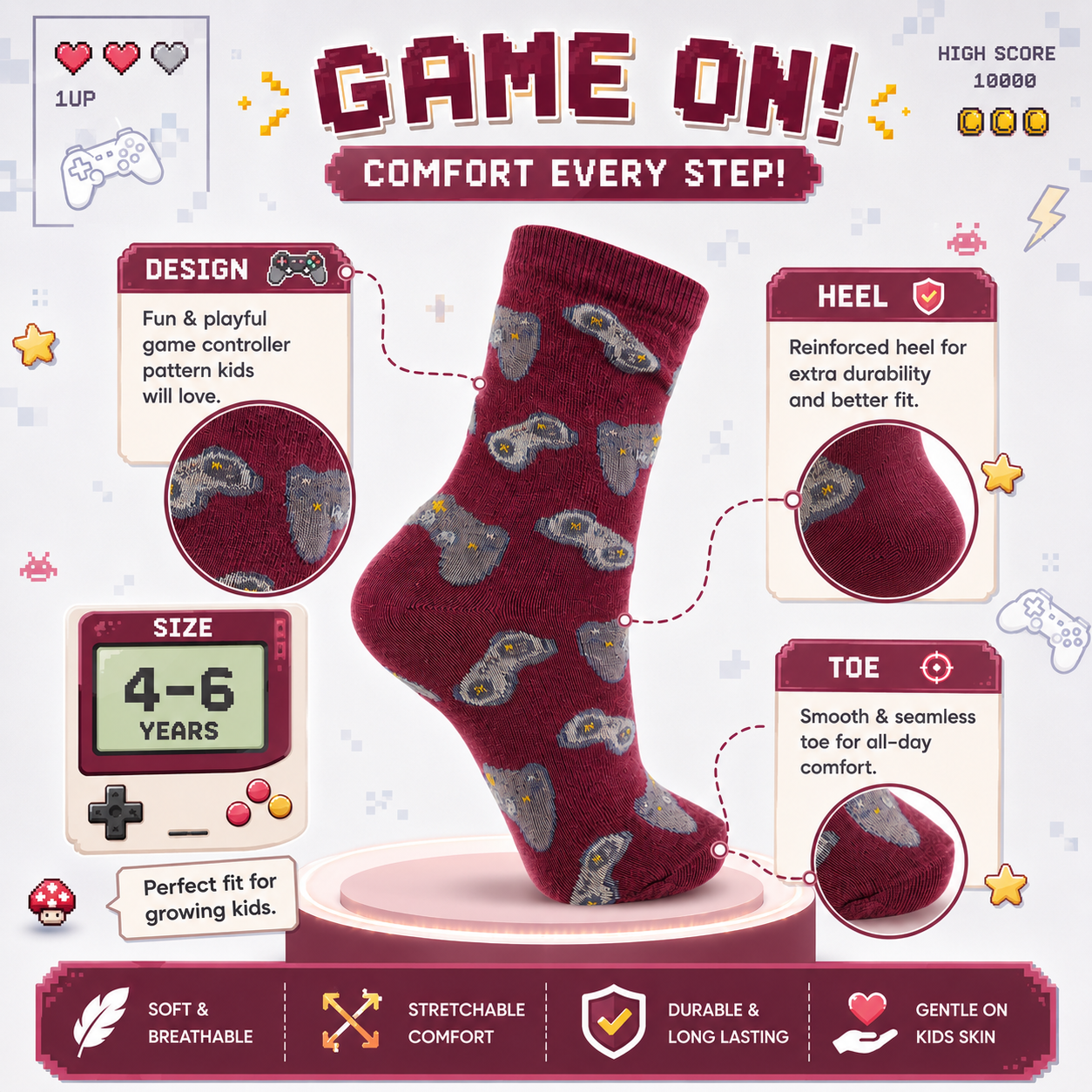 Boys Gaming Controller Print Crew maroon Socks