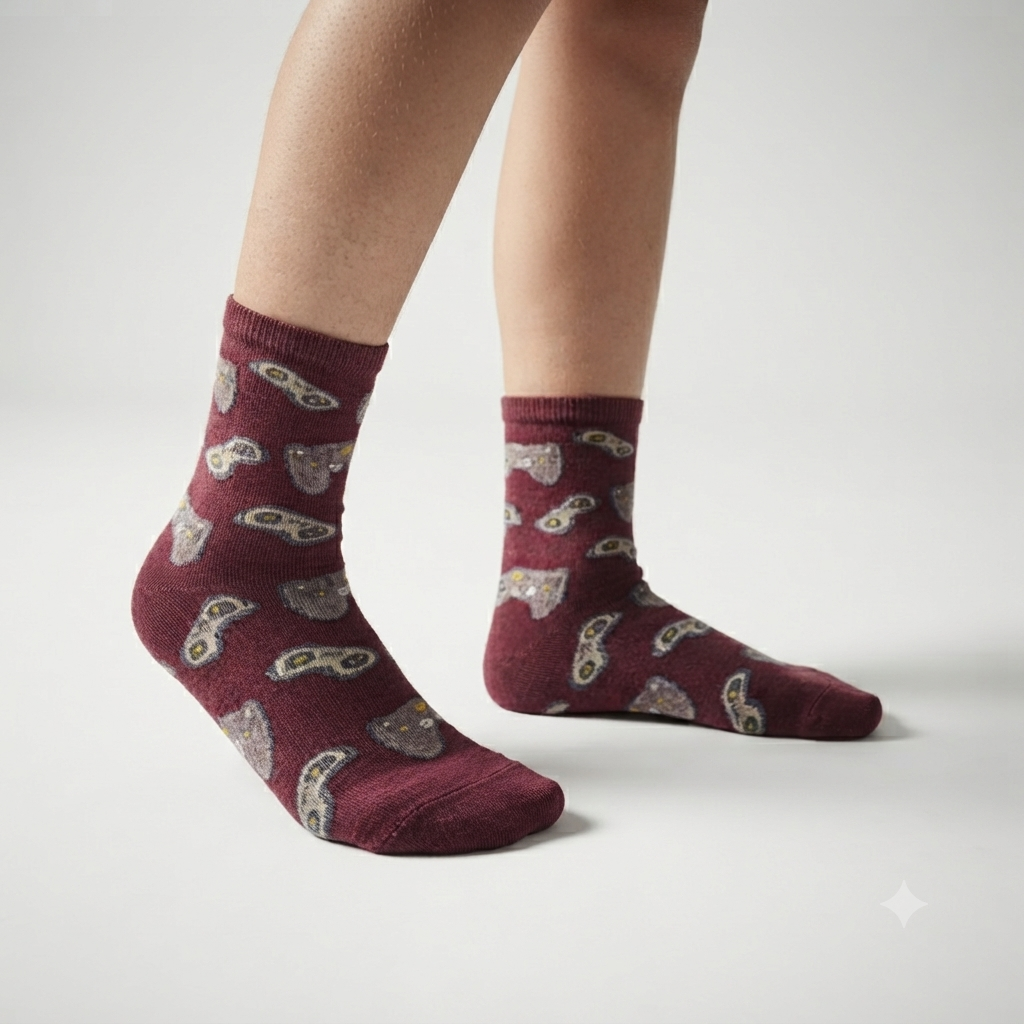 Boys Gaming Controller Print Crew maroon Socks