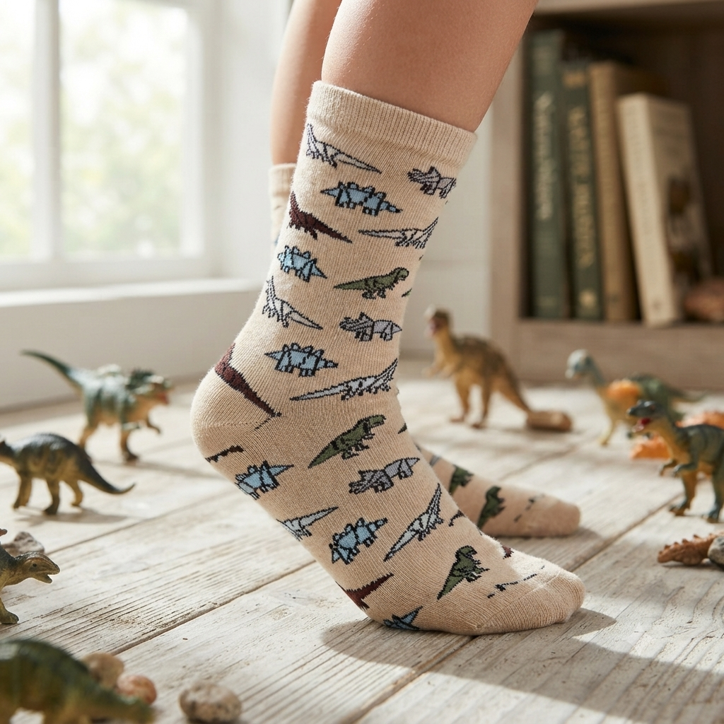 Boys Dinosaurs Print Crew Beige Socks