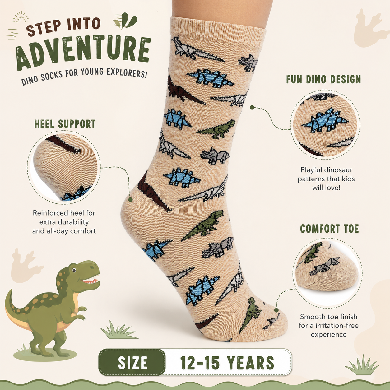 Boys Dinosaurs Print Crew Beige Socks