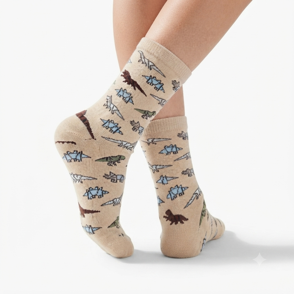 Boys Dinosaurs Print Crew Beige Socks