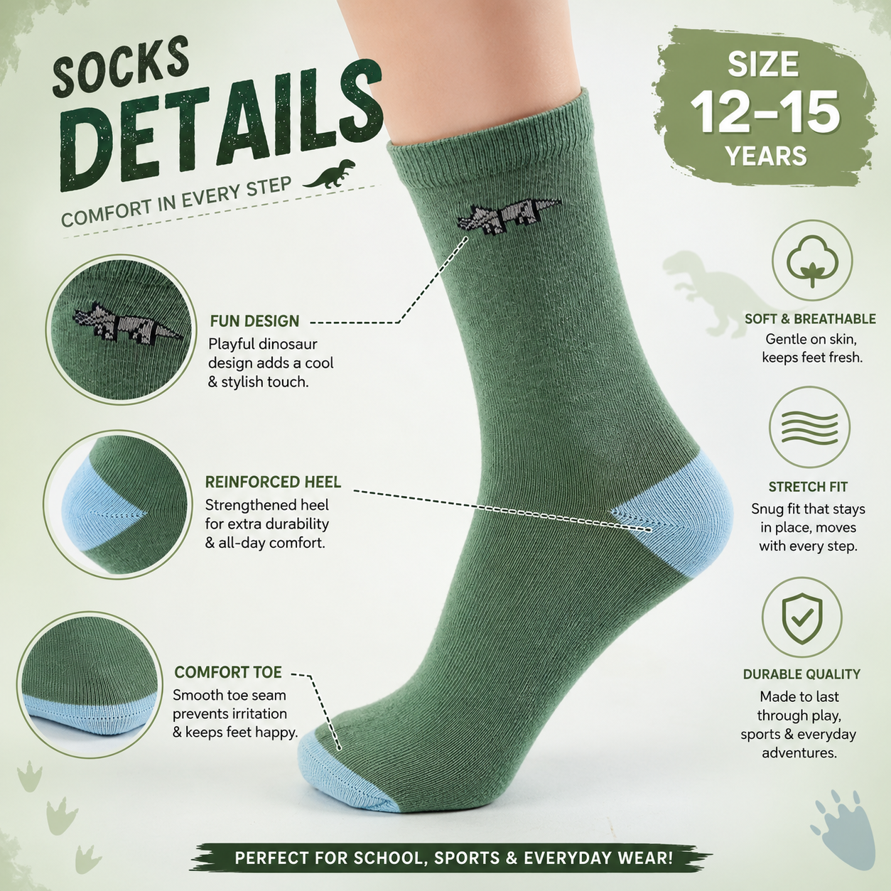 Boys Dino Print Crew Socks